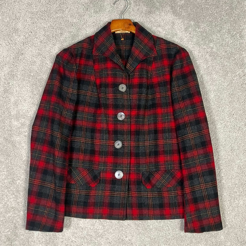 Vintage 50s Pendleton Wool Plaid Blazer Jacket Red Grey Tartan 100% Virgin Wool